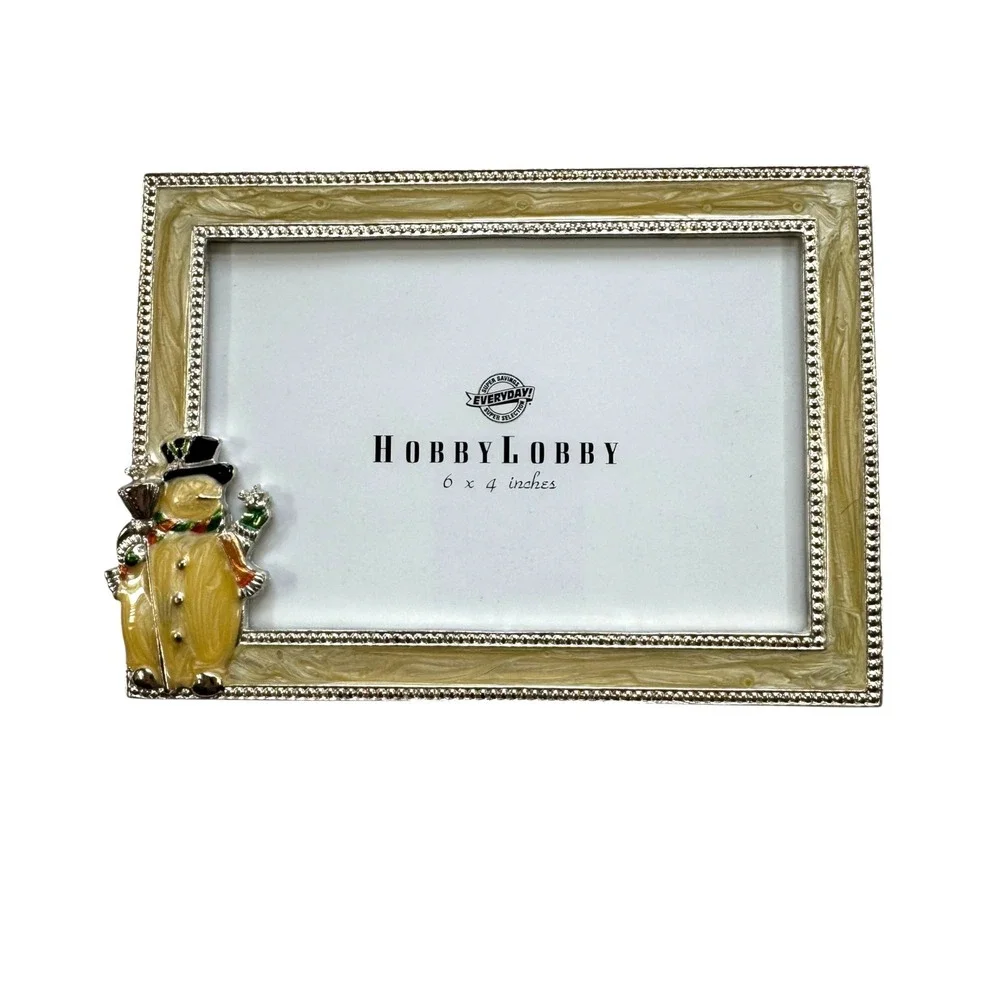 Hobby Lobby Snowman Enamel Picture Frame Silver Tone 4x6 Winter Holiday Decor